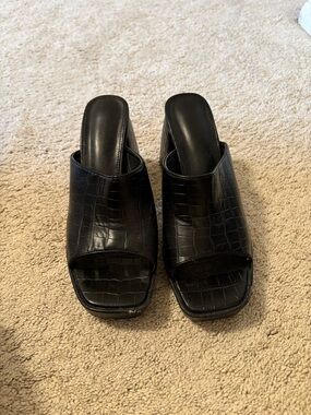 Black Croc-Embossed Slide Mule Heels - Women